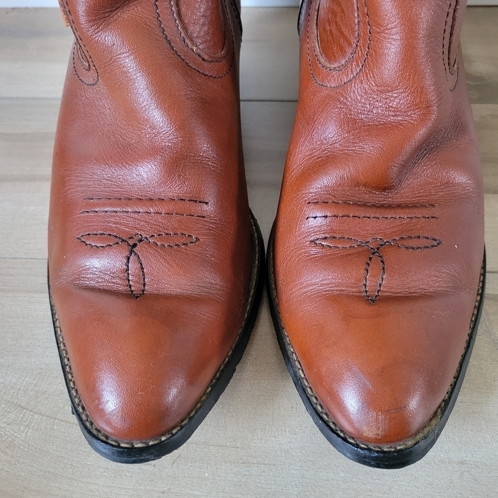 Vintage Men's Leather Levi's Cowboy Western Boots Cognac Brown Orange Tab Sz 10 - Picture 7 of 12